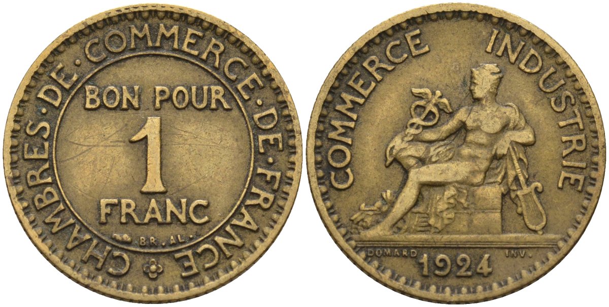 Франция 1 франк 1924 KM 876, Le Franc 218.5 алюминиевая бронза 4142-747