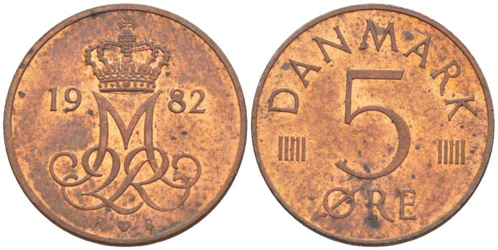 ДАНИЯ 5 ЭРЕ 1982 R; B, МАРГРЕТЕ II (1972-) KM 859.3 железо плакированное медью 4392-832