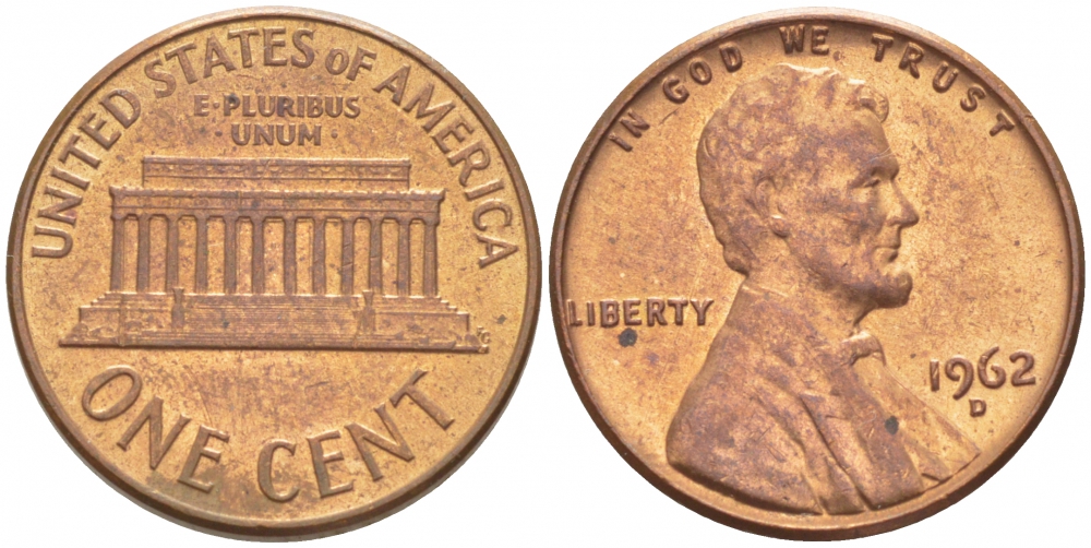США 1 ЦЕНТ 1962 D, ЛИНКОЛЬН KM 132 медь цинк UNC 3309-219