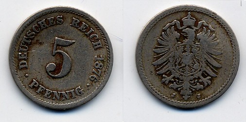 ГЕРМАНИЯ 5 ПФЕННИГОВ 1876 D, СТАРОГЕРБОВКА KM 3, J.3 медно-никель 46-1455