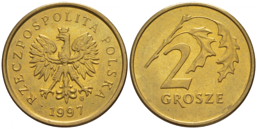 Польша 2 гроша 1997 MW KM 277, Parchimowicz 702d латунь UNC 4516-1134