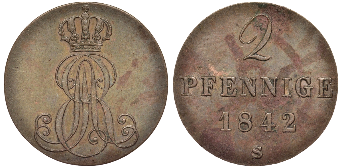 Ганновер 2 пфеннига 1842 S, Эрнст Август (1837-1851) KM 174.2, AKS 123, J. 55 медь aUNC 75-1737