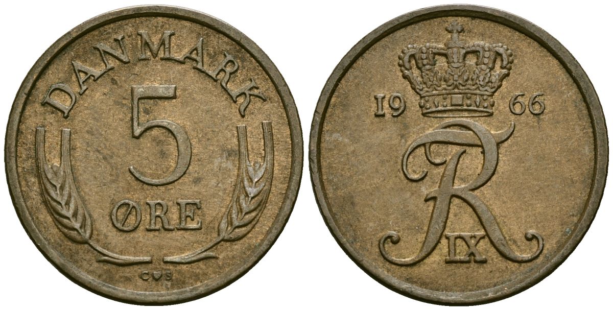 Дания 5 эре 1966 C; S, Фредерик IX (1947-1972) KM 848.1 бронза 4138-836