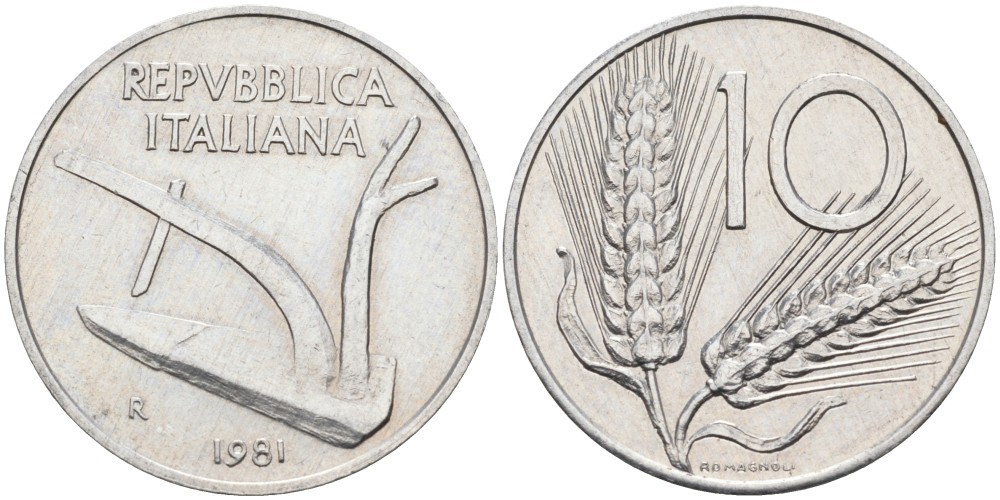 Италия 10 лир 1981 R, колосья, плуг KM 93 алюминий 86-1045
