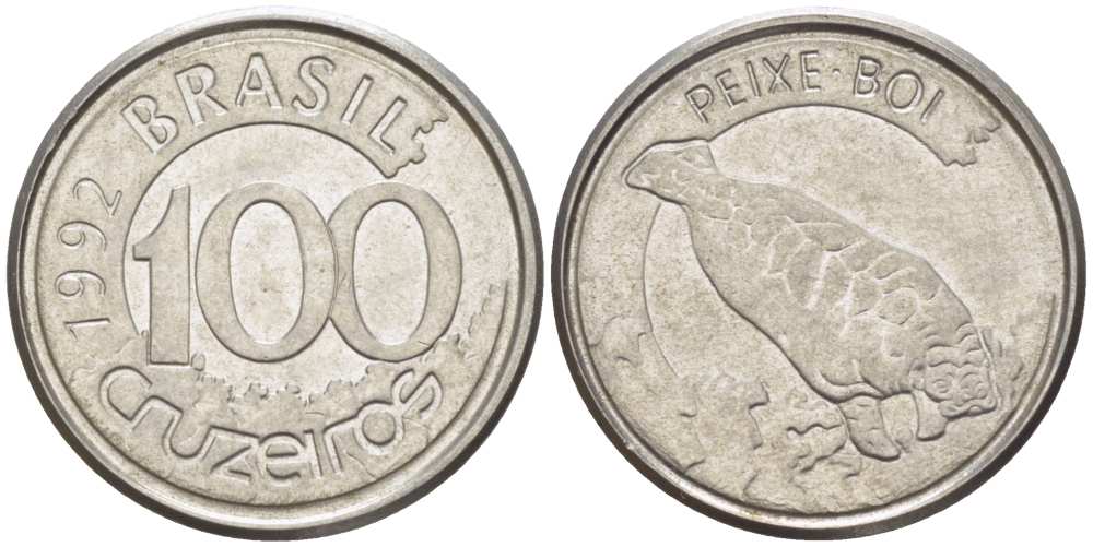 БРАЗИЛИЯ 100 КРУЗЕЙРО 1992 РЕФОРМА 1990-1993, ЛАМАНТИН KM 623 нержавеющая сталь 4392-911
