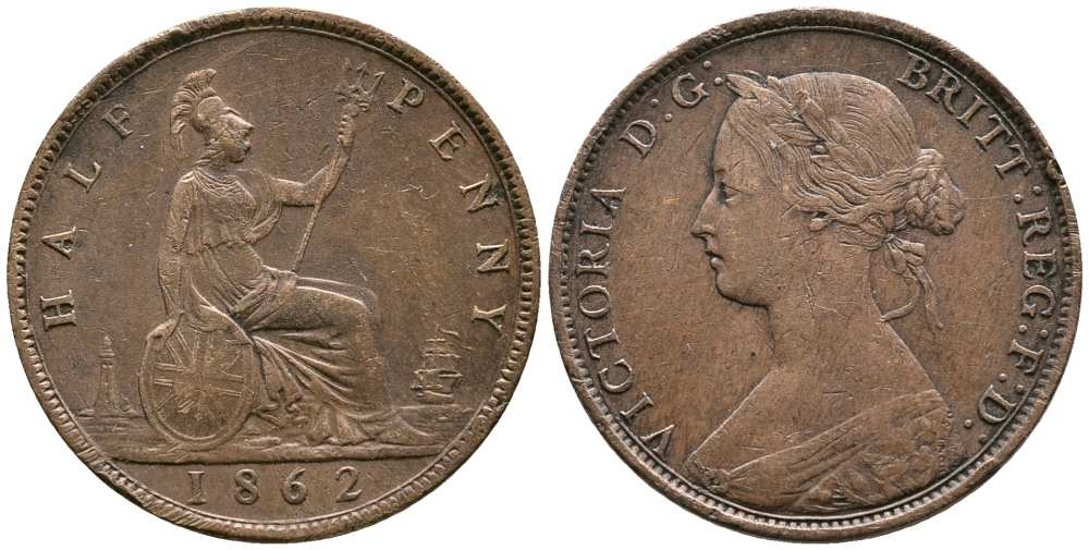 Великобритания 1/2 пенни 1862 Виктория (1837-1901) KM 748.2, Spink 3956 бронза 1518-844