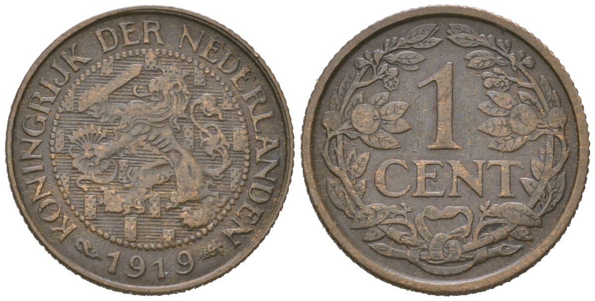 Нидерланды 1 цент 1919 Вильгельмина (1890-1948) KM 152 бронза 4152-336