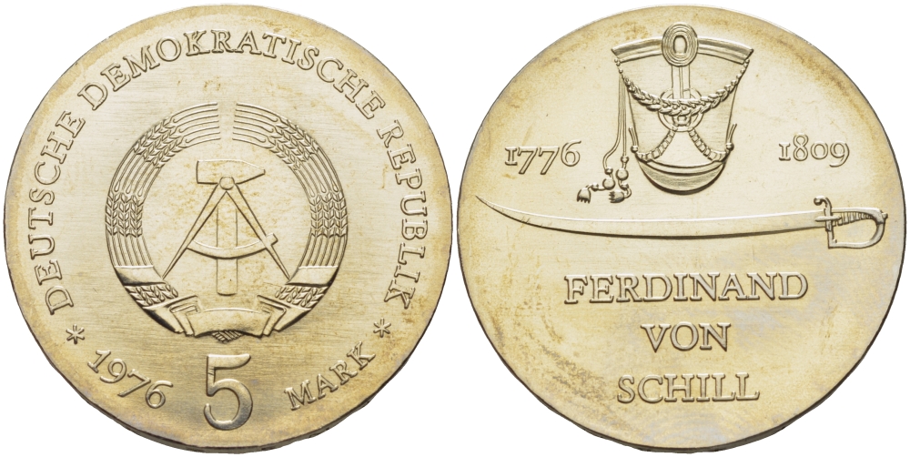 ГДР 5 марок 1976 А, 200 лет со дня рождения Фердинанд фон Шилль (1776-1809), герой войн с Наполеоном КМ 60 медно-никель UNC 82-1132