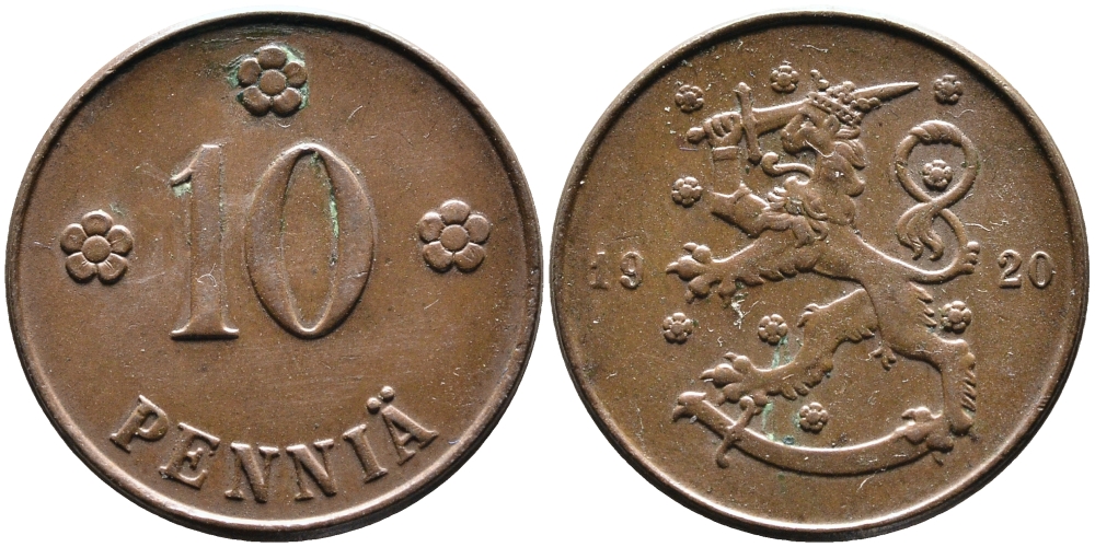 Финляндия 10 пенни 1920 республика (1918-1962) KM 24 медь 4388-916