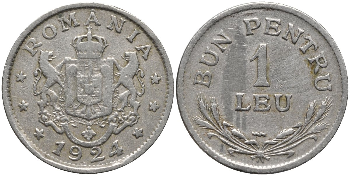 Румыния 1 лей 1924 Фердинанд I (1914-1927) KM 46 медно-никель 202-1242