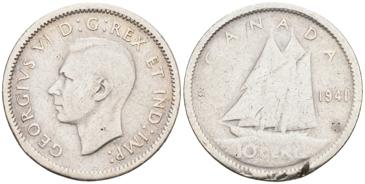 Канада 10 центов 1941 парусник, Георг VI (1937-1952) KM 34 серебро 4580-343