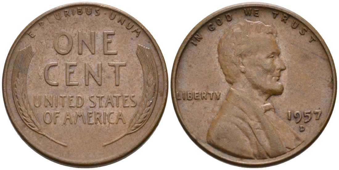 США 1 цент 1957 D, Линкольн KM А132 медь цинк 4564-269