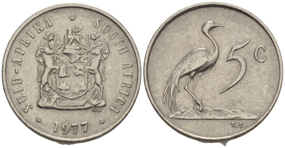 ЮАР 5 центов 1977 герб, райский журавль KM 84 никель 66-331