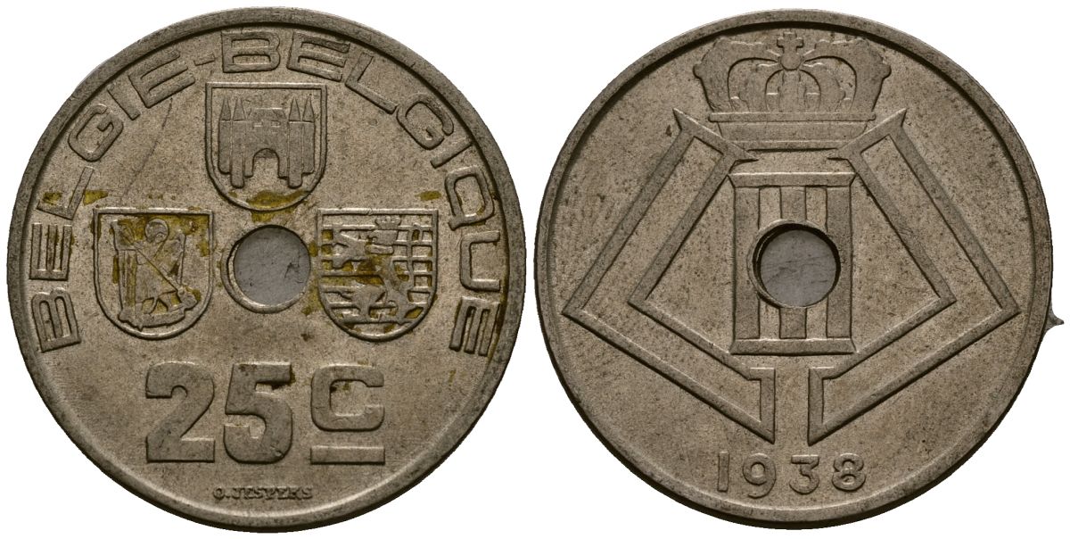 Бельгия 25 сантимов 1938 Belgie - Belgique KM 115 никель латунь 4403-1241