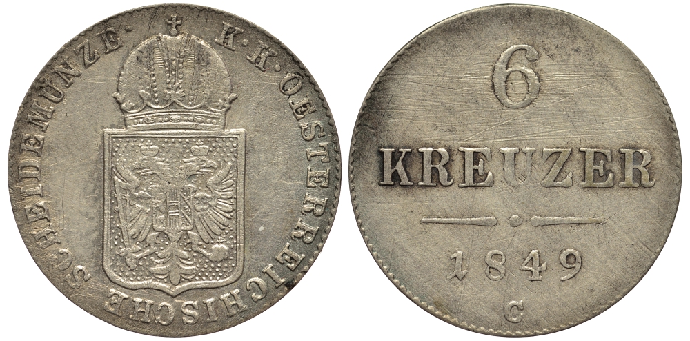 Австрия 6 крейцеров 1849 C, Франц Иосиф I (1848-1916) KM 2200 серебро 413-5922