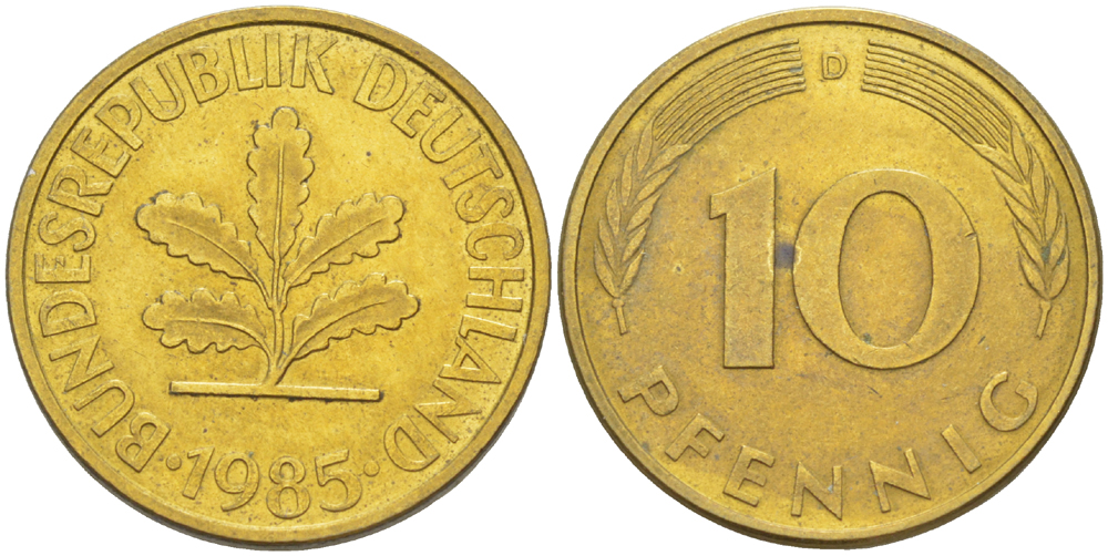 ФРГ 10 ПФЕННИГОВ 1985 D KM 108, J. 383 сталь плакированная латунью 4182-941