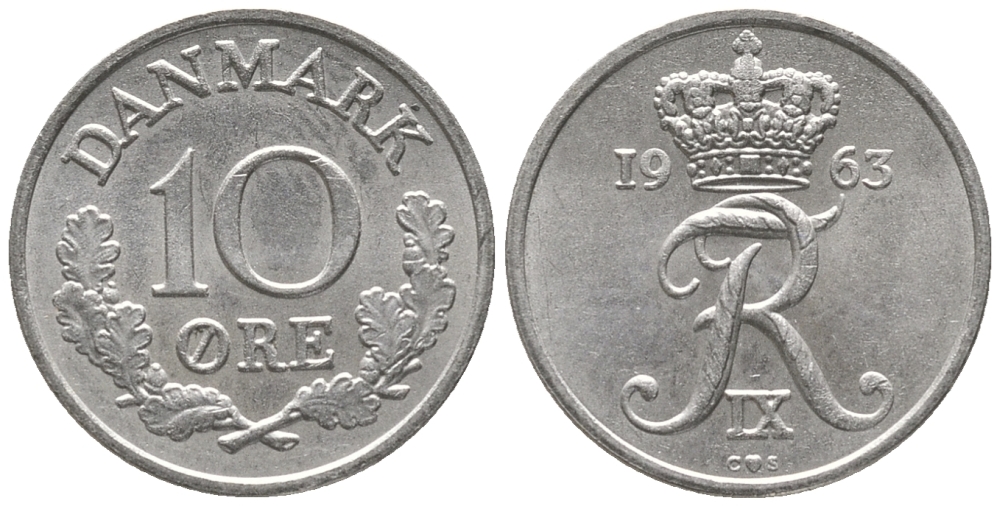 ДАНИЯ 10 ЭРЕ 1963 C; S, ФРЕДЕРИК IX (1947-1972) KM 849.1 медно-никель 100-1144