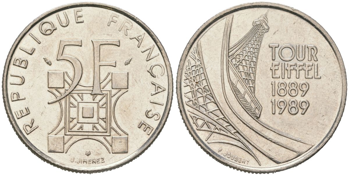 Франция 5 франков 1989 100 лет Эйфелевой башне KM 968 никель UNC 4599-312