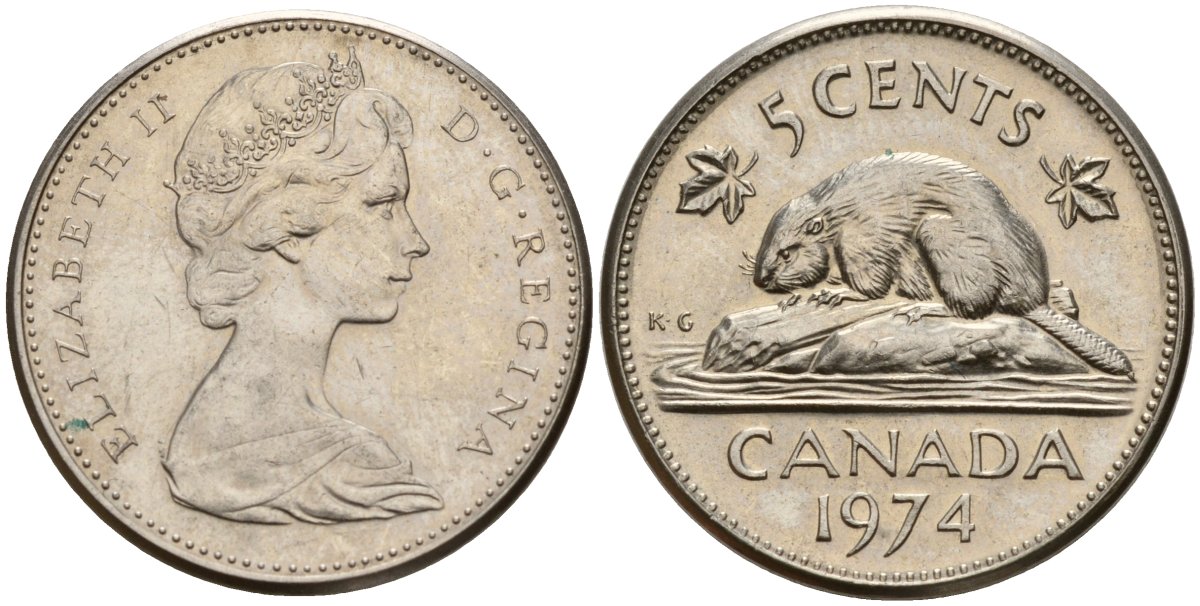 Канада 5 центов 1974 бобр, Елизавета II (1952-) KM 60.1 никель 4189-533