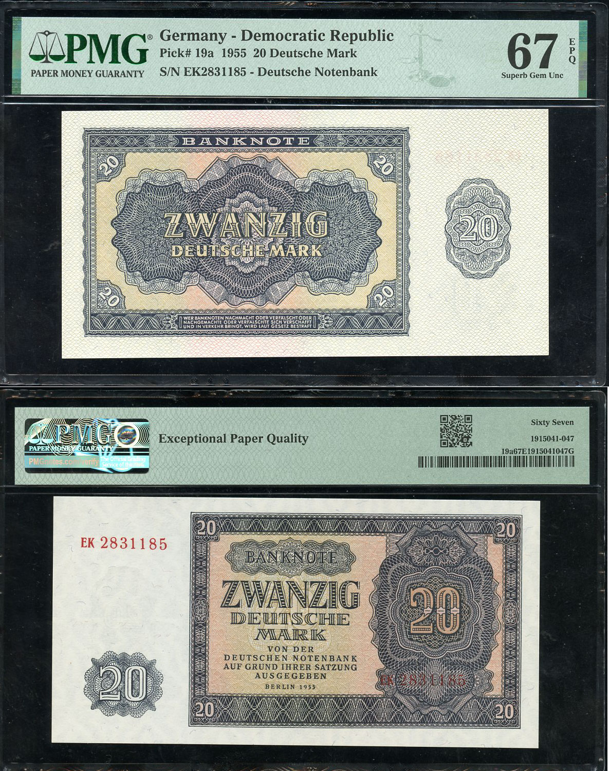 ГДР 20 марок 1955 в слабе PMG 67 Superb Gem Uncirculated Pick 19 a  бумага  UNC (пресс) 452-1-132