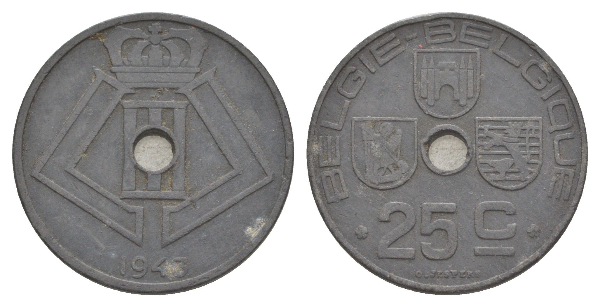 Бельгия 25 сантимов 1943 Belgie - Belgique, Леопольд III (1934-1947), германская оккупация, Вторая мировая война KM 132 цинк 4150-936