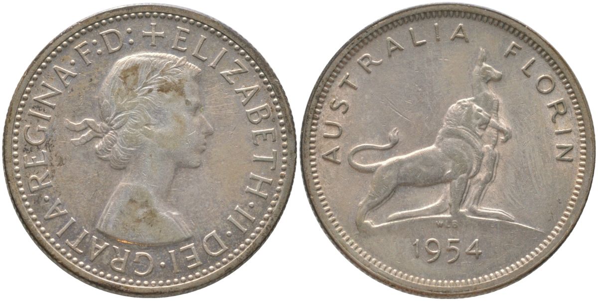 Австралия 1 флорин = 2 шиллинга 1954 Королевский визит в Австралию, Елизавета II (1952-2022), английский лев и кенгуру KM 55 серебро 190-314