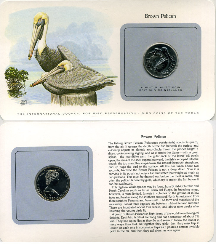 БРИТАНСКИЕ ВИРГИНСКИЕ ОСТРОВА 50 ЦЕНТОВ 1980 СЕРИЯ МОНЕТЫ МИРА С ИЗОБРАЖЕНИЕМ ПТИЦ, В ОРИГИНАЛЬНОМ БУКЛЕТЕ С ОПИСАНИЕМ KM 5 медно-никель UNC 5121-22
