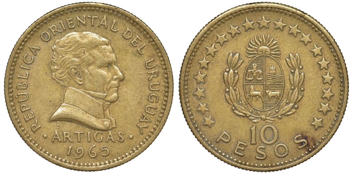 Уругвай 10 песо 1965 KM 48 алюминиевая бронза 4574-221
