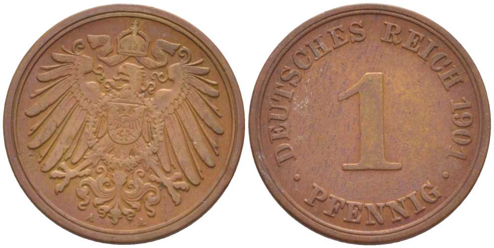 ГЕРМАНИЯ 1 ПФЕННИГ 1901 A KM 10, J. 10, Weege 2 медь 211-256