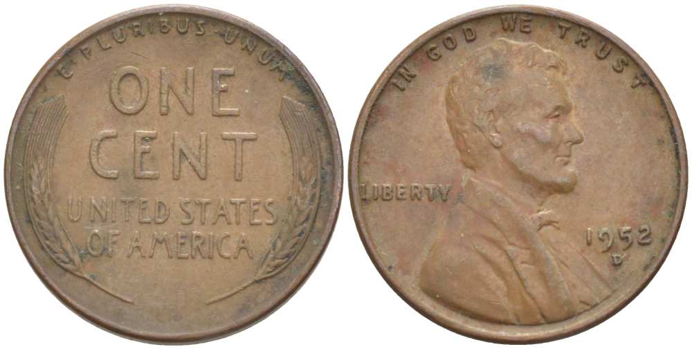 США 1 ЦЕНТ 1952 D, ЛИНКОЛЬН KM А132 медь цинк 218-963
