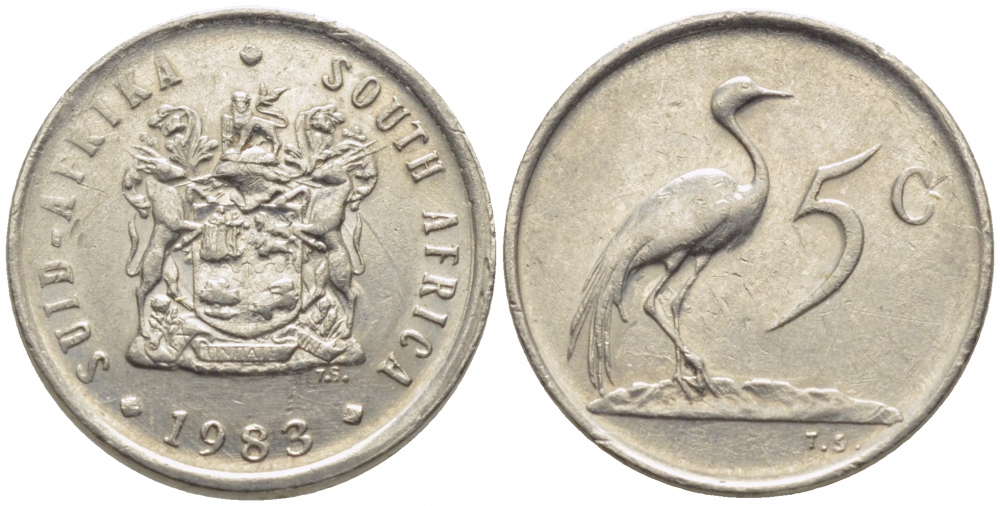 ЮАР 5 центов 1983 герб, райский журавль KM 84 никель 105-1032