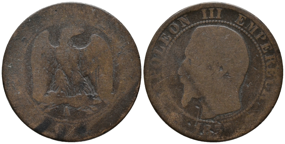 ФРАНЦИЯ 5 САНТИМОВ 185Х А, НАПОЛЕОН III KM 777.1 бронза 67-123