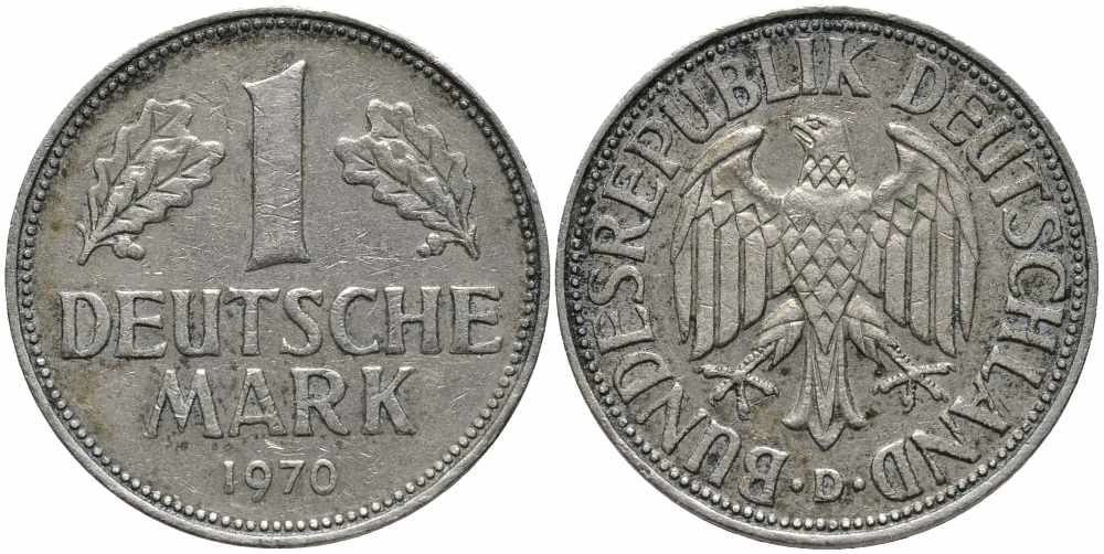 ФРГ 1 МАРКА 1970 D, KM 110, J. 385 медно-никель 113-151