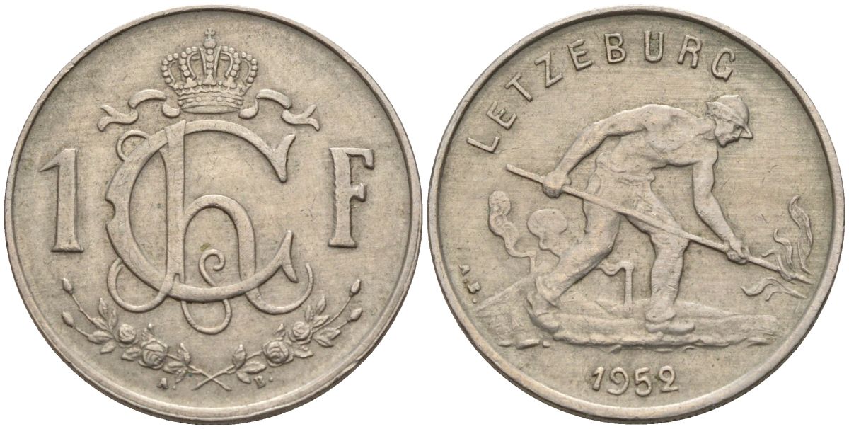 Люксембург 1 франк 1952 сталевар KM 46.2 медно-никель 4152-556