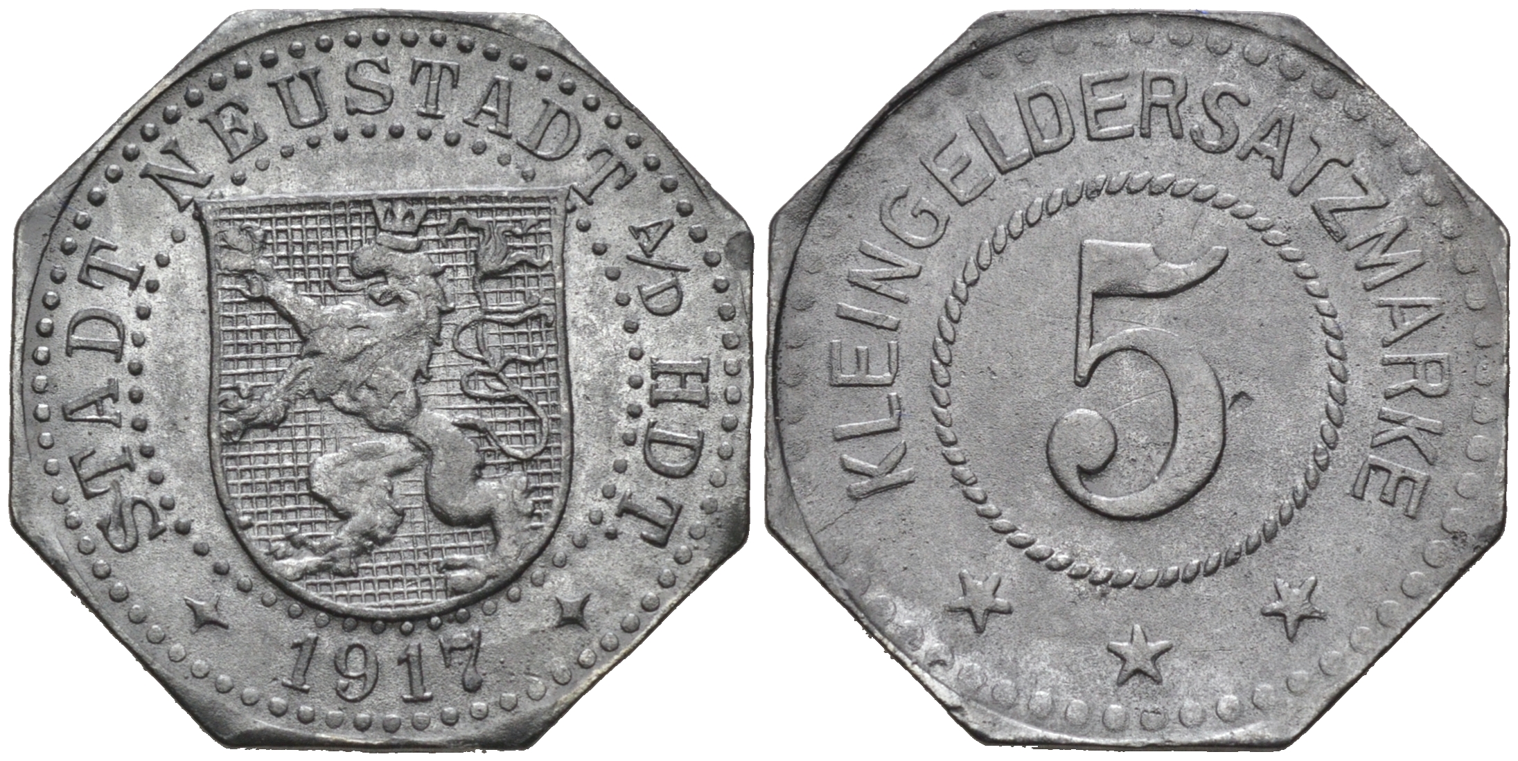 ГЕРМАНИЯ ПФАЛЬЦ НЬЮШТАДТ 5 ПФЕННИГОВ 1917 КЛЯЙНГЕЛЬД цинк 75-1161