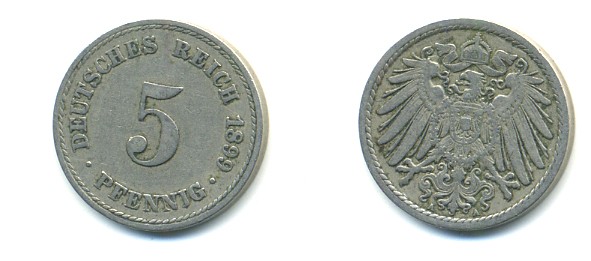ГЕРМАНИЯ 5 ПФЕННИГОВ 1899 A, KM 11, J. 12 медно-никель 4379-514