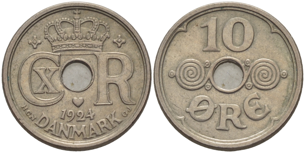 ДАНИЯ 10 ЭРЕ 1924 HCN ; GJ, КРИСТИАН X (1912-1947) KM 822.1 медно-никель 100-255