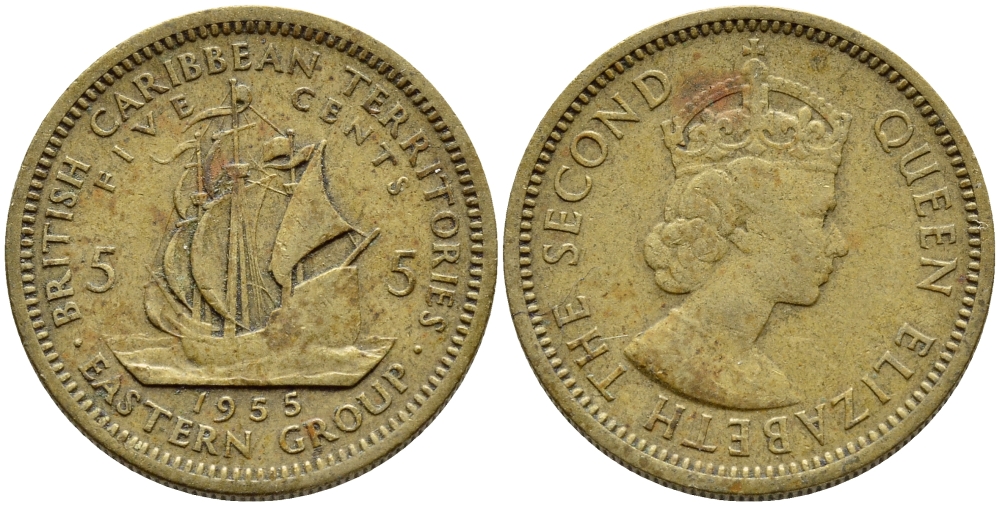 Британские Восточно-Карибские территории 5 центов 1955 Елизавета II (1952-2022), парусник KM 4 никель латунь 89-1544