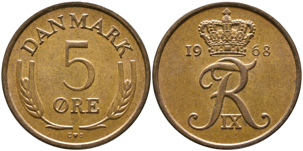 ДАНИЯ 5 ЭРЕ 1968 C; S, ФРЕДЕРИК IX (1947-1972) KM 848.1 бронза 28-1053
