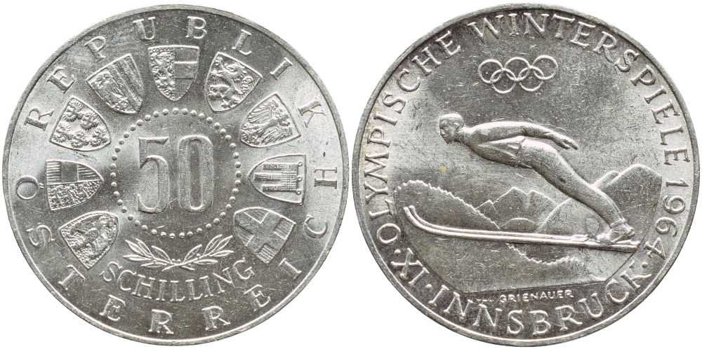 Австрия 50 шиллингов 1964 Зимняя Олимпиада 1964 года в Инсбруке, прыжки с трамплина KM 2896 серебро 413-1911