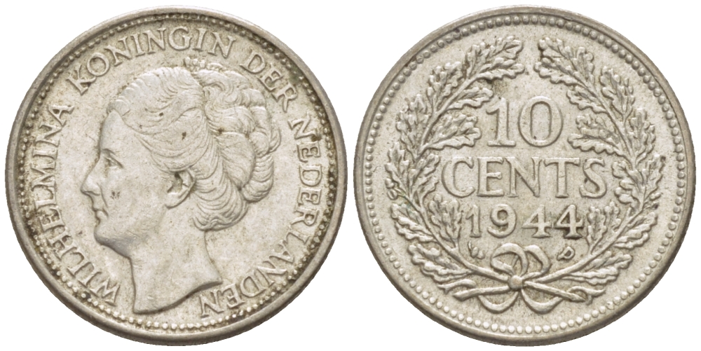 Нидерланды 10 центов 1944 Вильгельмина (1890-1948) KM 163 серебро aUNC 66-1248
