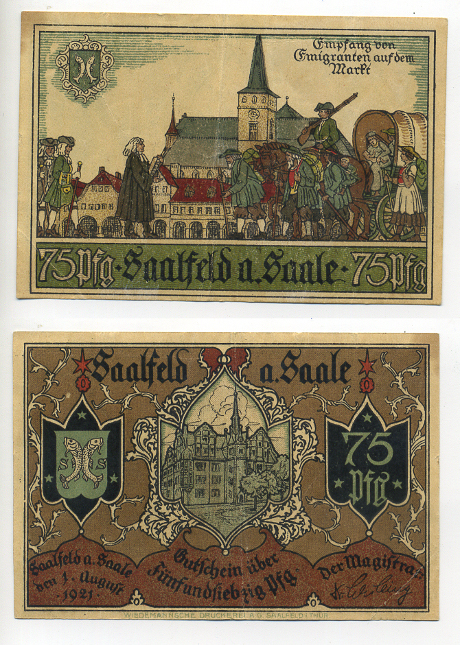 СААЛФЕЛЬД 75 ПФЕННИГОВ 1921 НОТГЕЛЬД, 1 АВГУСТА 1921 Grabowski 1155.5a бумага 6317-31-3-2