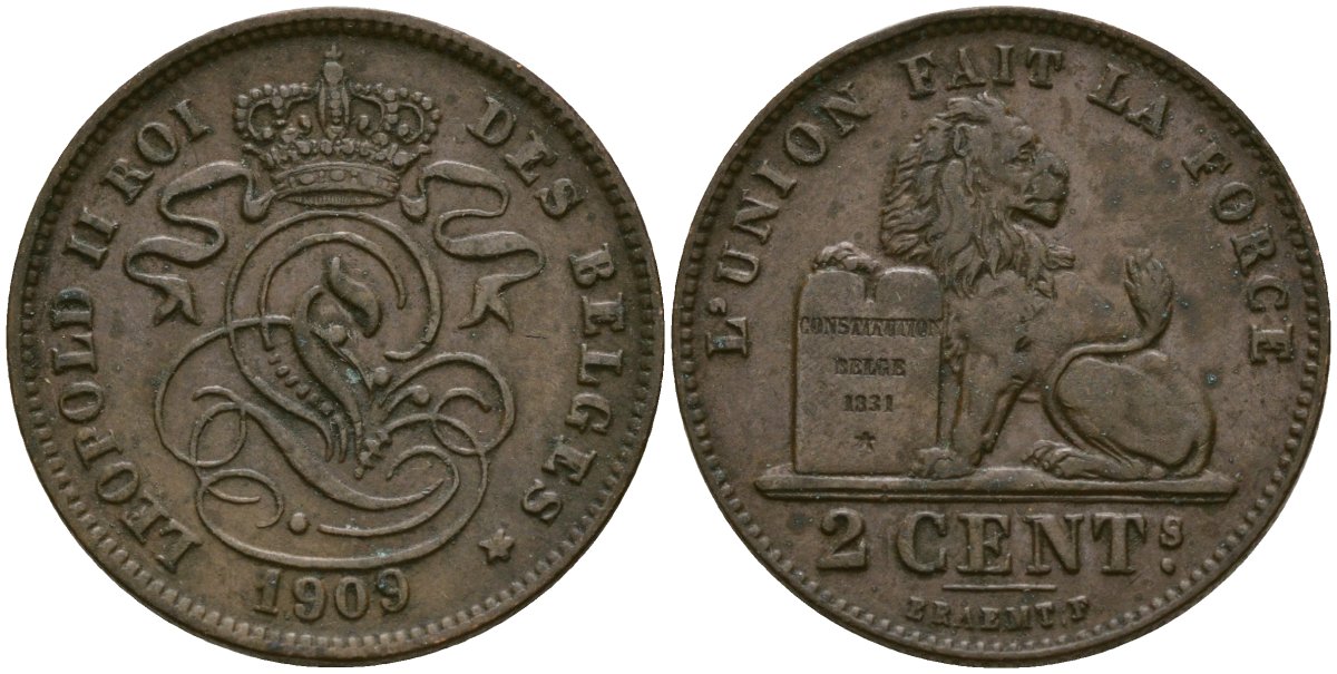 Бельгия 2 сантима 1909 Belges KM 35 медь 4135-952