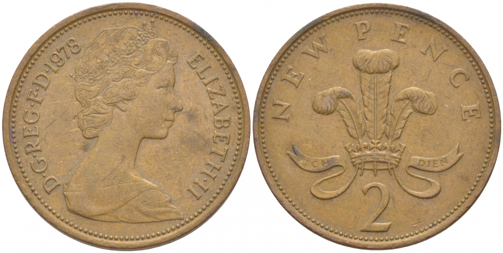 Великобритания 2 пенса 1978 Елизавета II (1952-2022) KM 916, Spink 4235 (C1) бронза 77-144