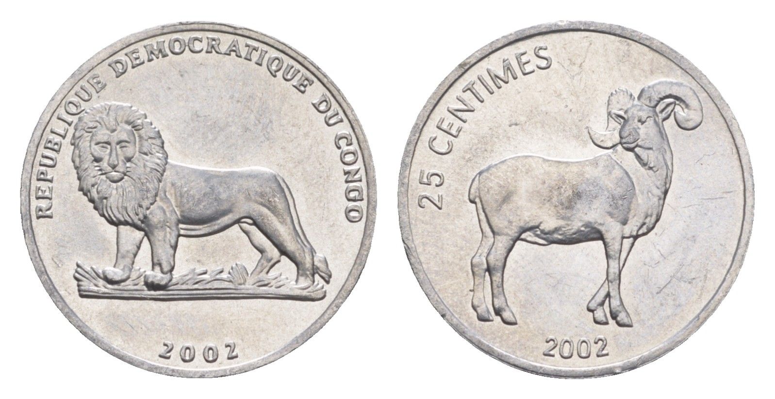 ДР Конго 25 сантимов 2002 Животные - Гривистый баран KM 77 алюминий 4651-616