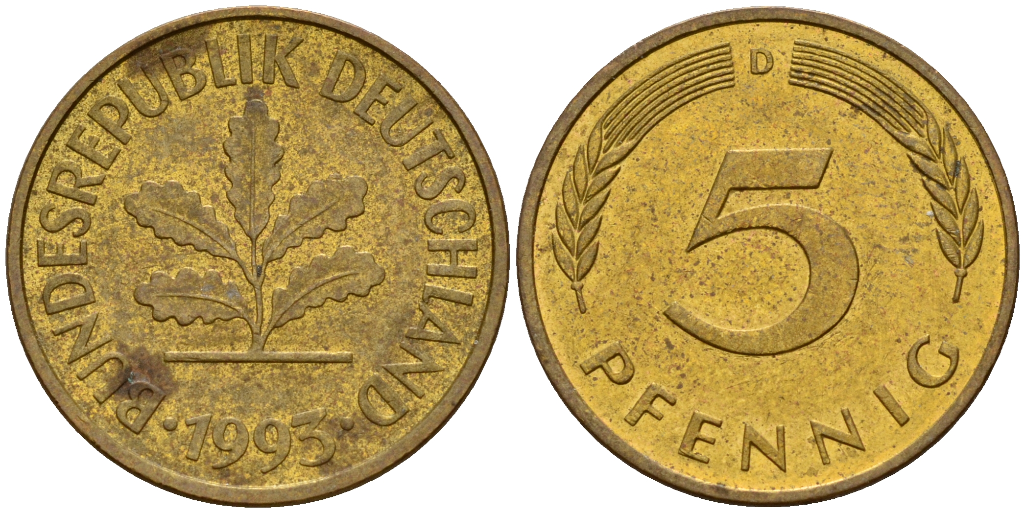 ФРГ 5 пфеннигов 1993 D J.382, KM 107 сталь плакированная латунью    4598-1118