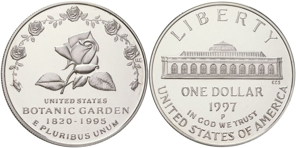 США 1 доллар 1997 P, 175 лет Ботаническому саду KM 278 серебро PROOF 11-233-13