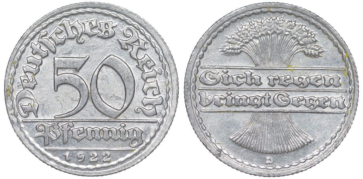 Германия 50 пфеннигов 1922 D KM 27, J. 301 алюминий aUNC 4145-1152