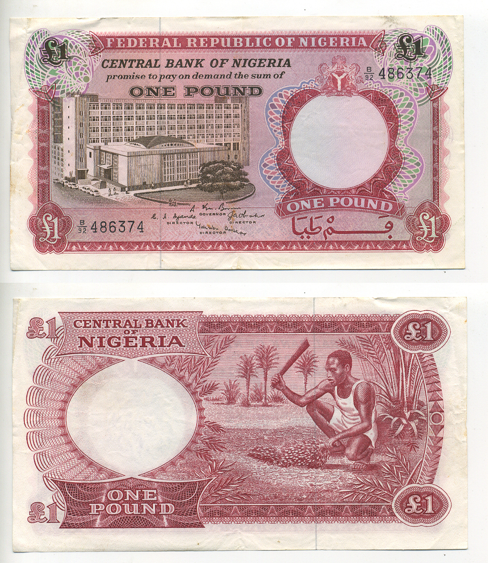 Нигерия 1 фунт 1967 Центральный банк в Лагосе Pick 8 бумага 6300-1-1-2