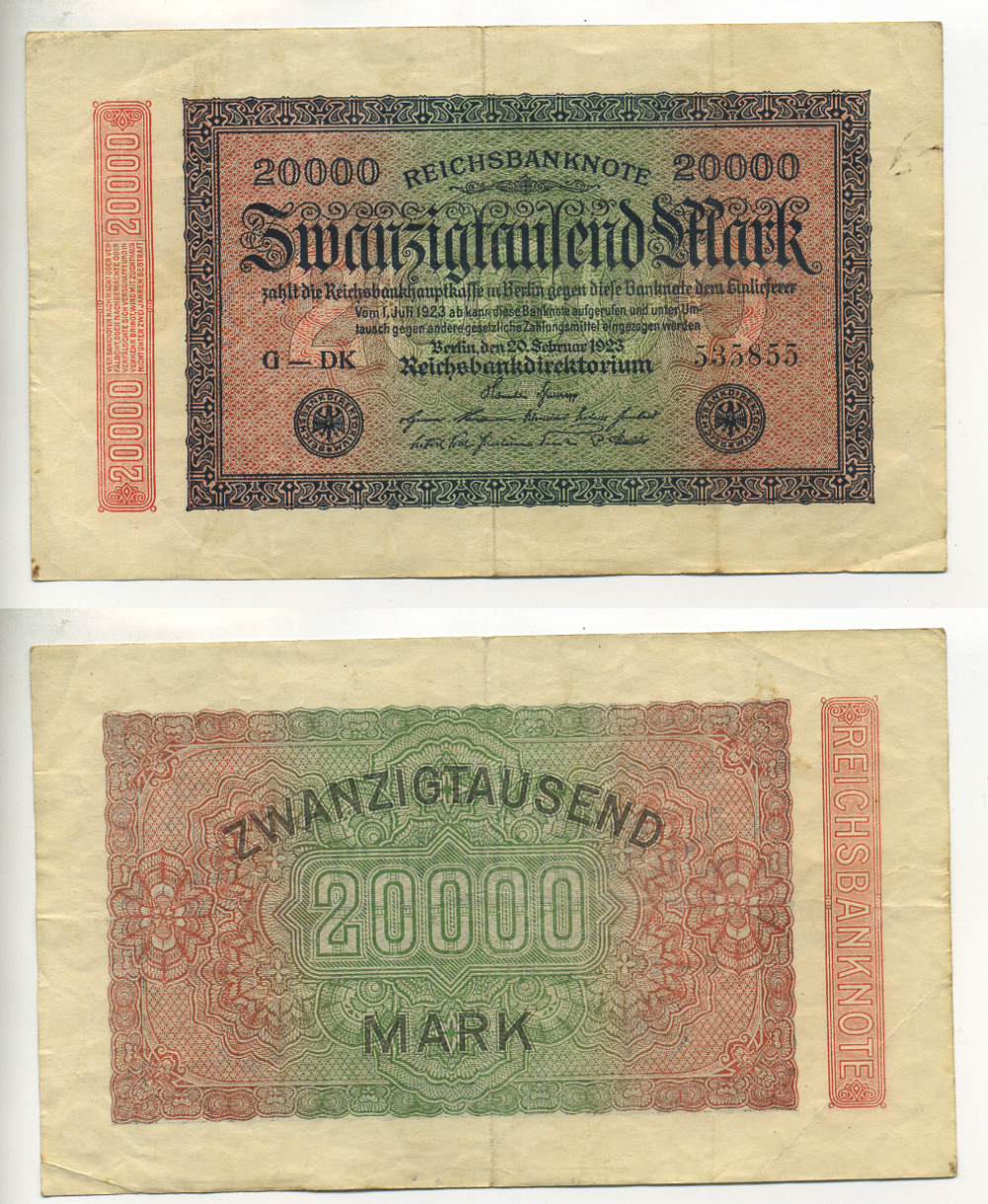 Германия 20000 марок 1923 20 февраля 1923, водяной знак L Pick 85a бумага 7217-79-1-2